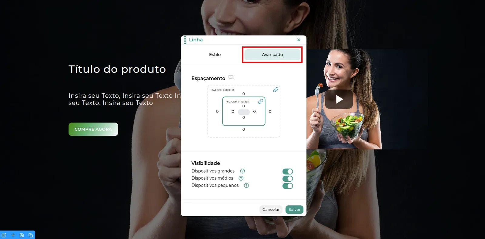 Aba Avançado na edição da primeira linha duplicada