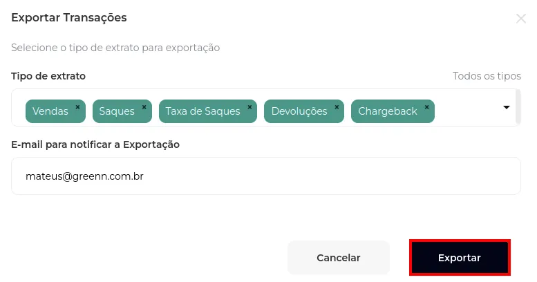Janela de exportação com tipo de extrato e e-mail