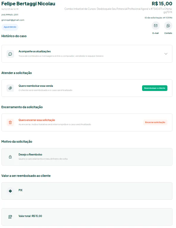 Tela do chamado com as opções disponíveis