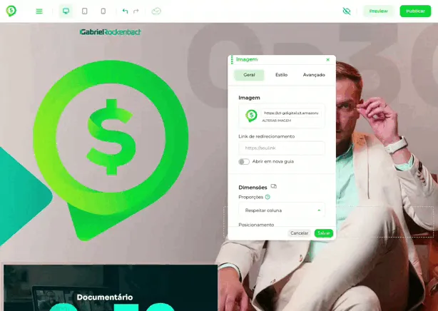 Tela do passo: Personalize o tamanho da sua Imagem ao clicar na mesma