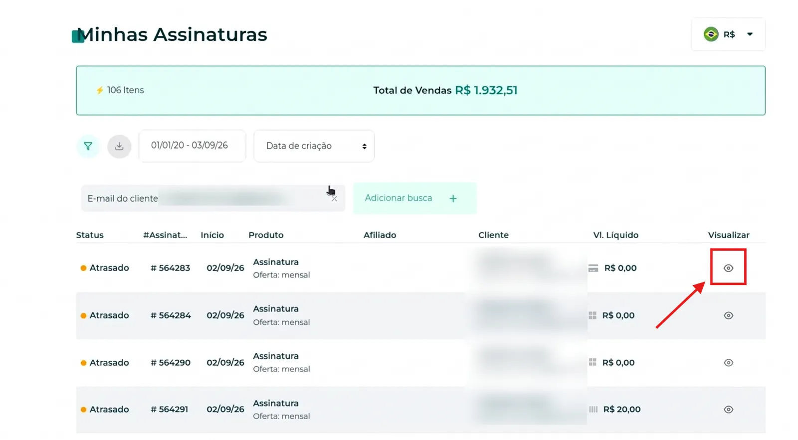 Lista de assinaturas com o ícone do olho