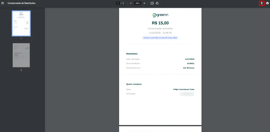 Opção de download no canto superior direito do comprovante