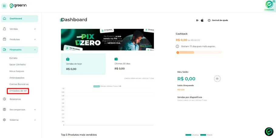 Menu Financeiro com a opção Emissões de NF