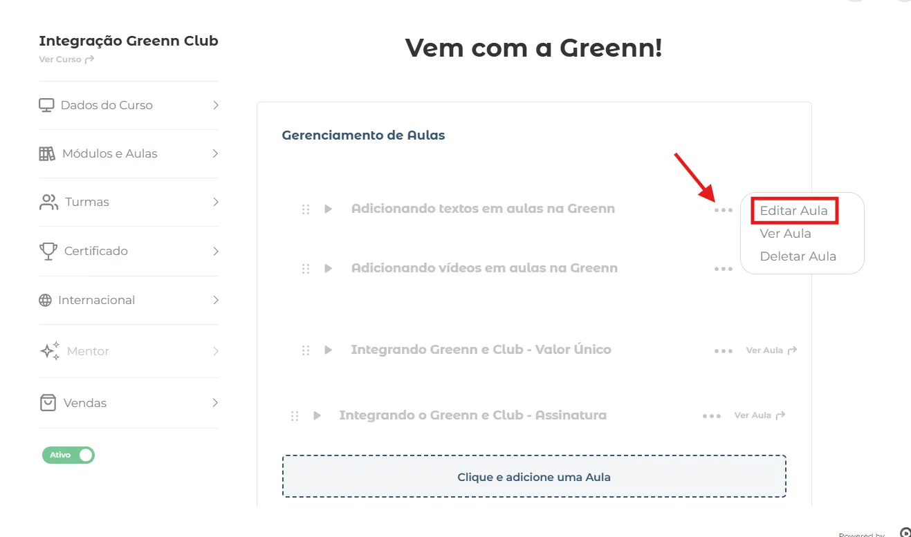 Menu de três pontos da aula