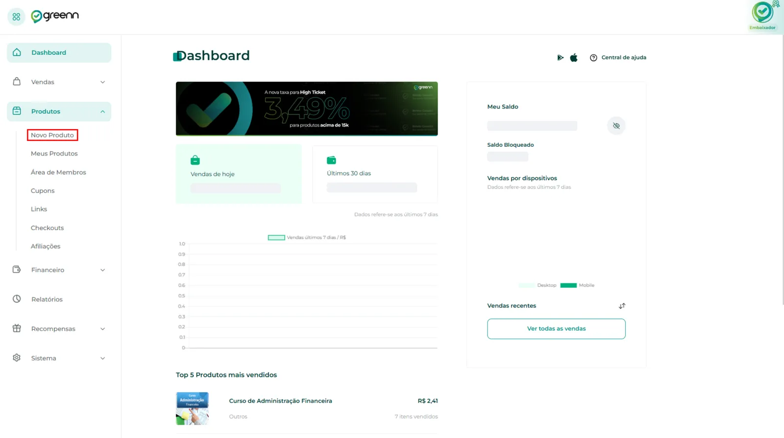 Menu lateral do painel com Produtos aberto e o botão Novo Produto