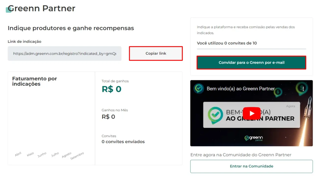 Botões Copiar Link e Enviar o Convite via E-mail