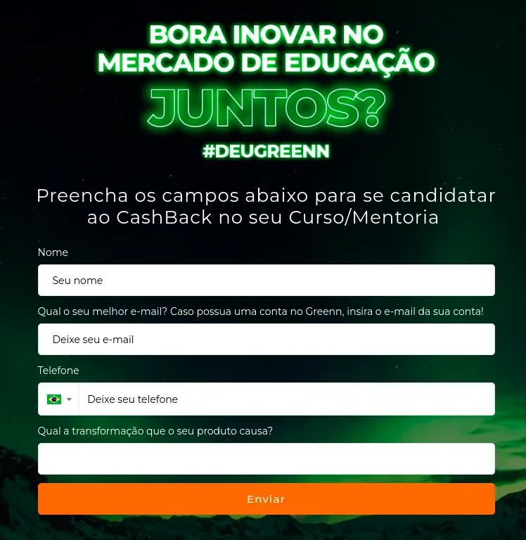 Página de inscrição do Cashback Greenn