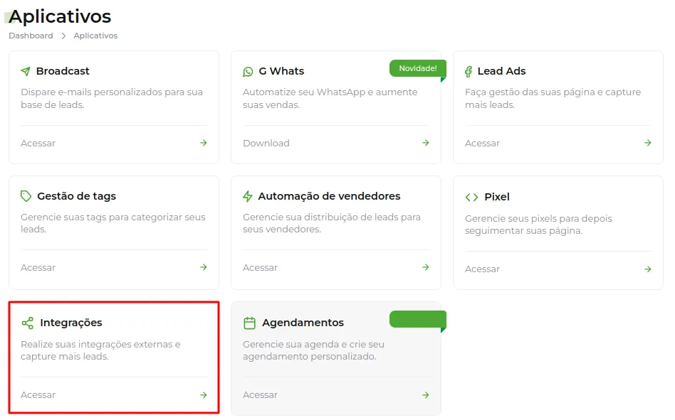 Tela da Greenn Sales: Clique em Integrações