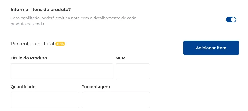 Campos de título, NCM, quantidade e porcentagem do item