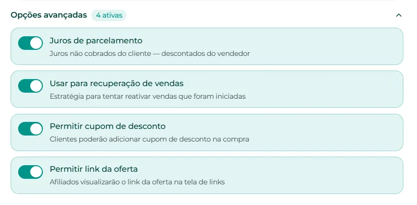 Opções avançadas da nova oferta