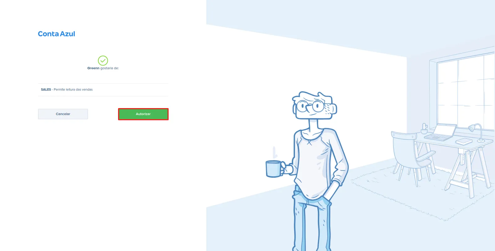 Tela de autorização com o e-mail da Conta Azul