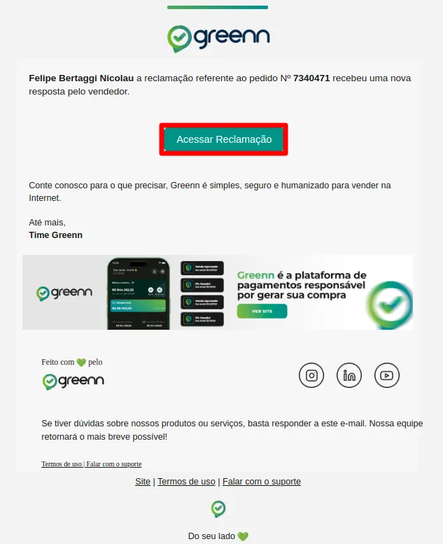 E-mail avisando de uma nova atualização na reclamação