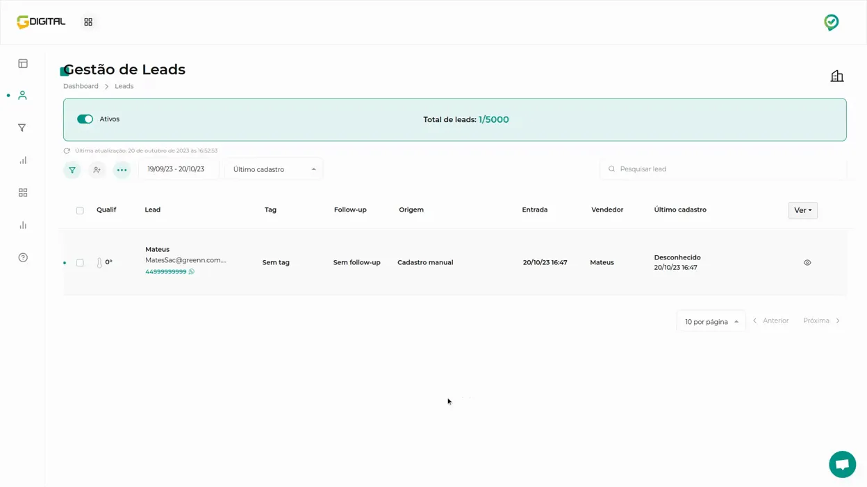 Tela da Greenn Sales: Selecione o Lead, clique em Ações e Enviar mensagem WhatsApp