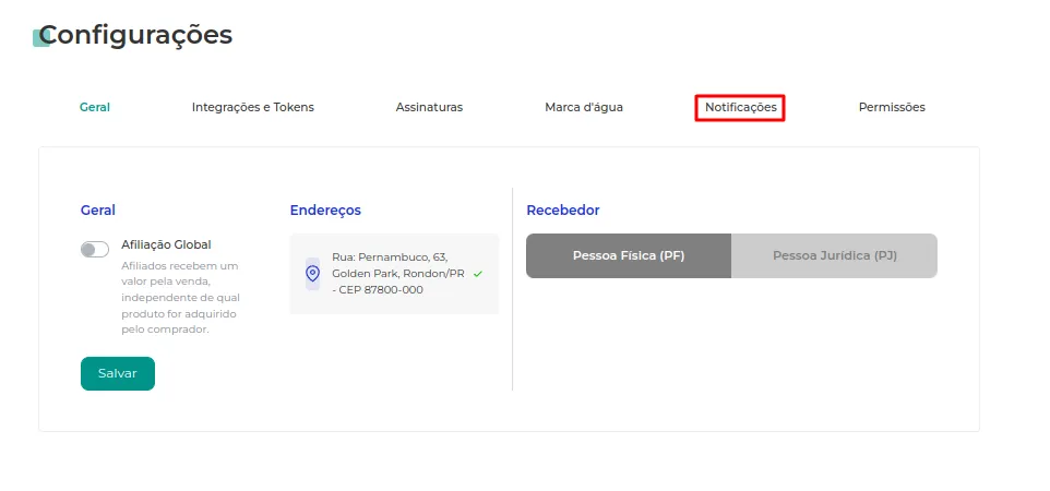 Aba Notificações no Controle de Acesso