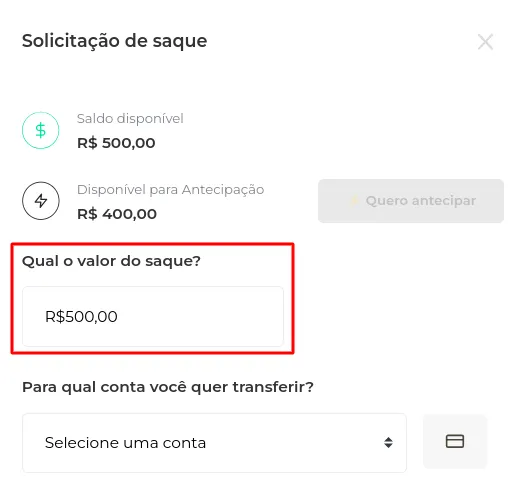 Campo Valor na tela de saque
