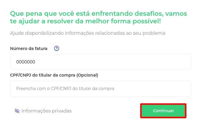 Botão Continuar do site de reclamações