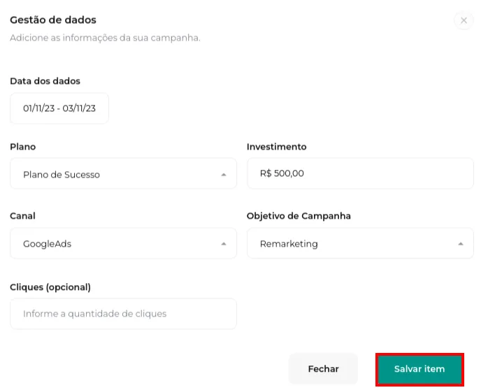 Tela do passo: Após adicionar todas as informações, clique em Salvar Item