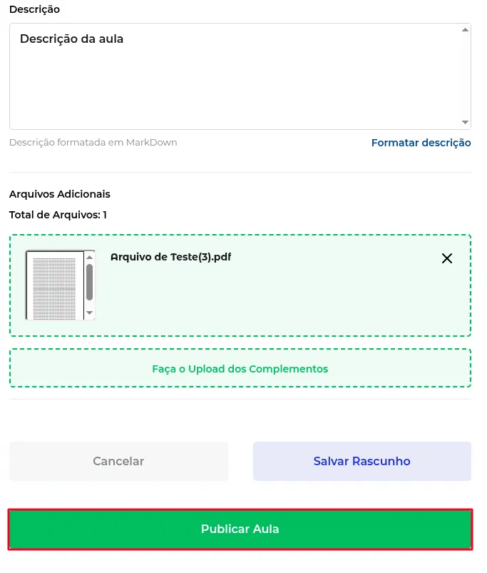 Botão Publicar Aula