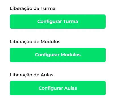 Opções de liberação da turma, de módulos e de aulas