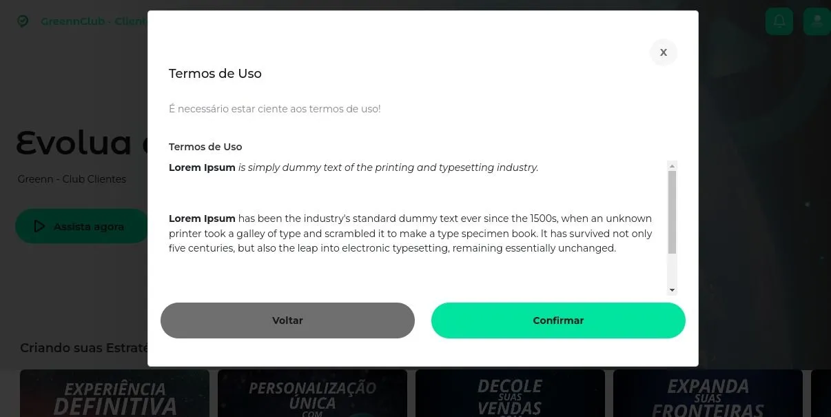 Termo de Uso exibido ao cliente