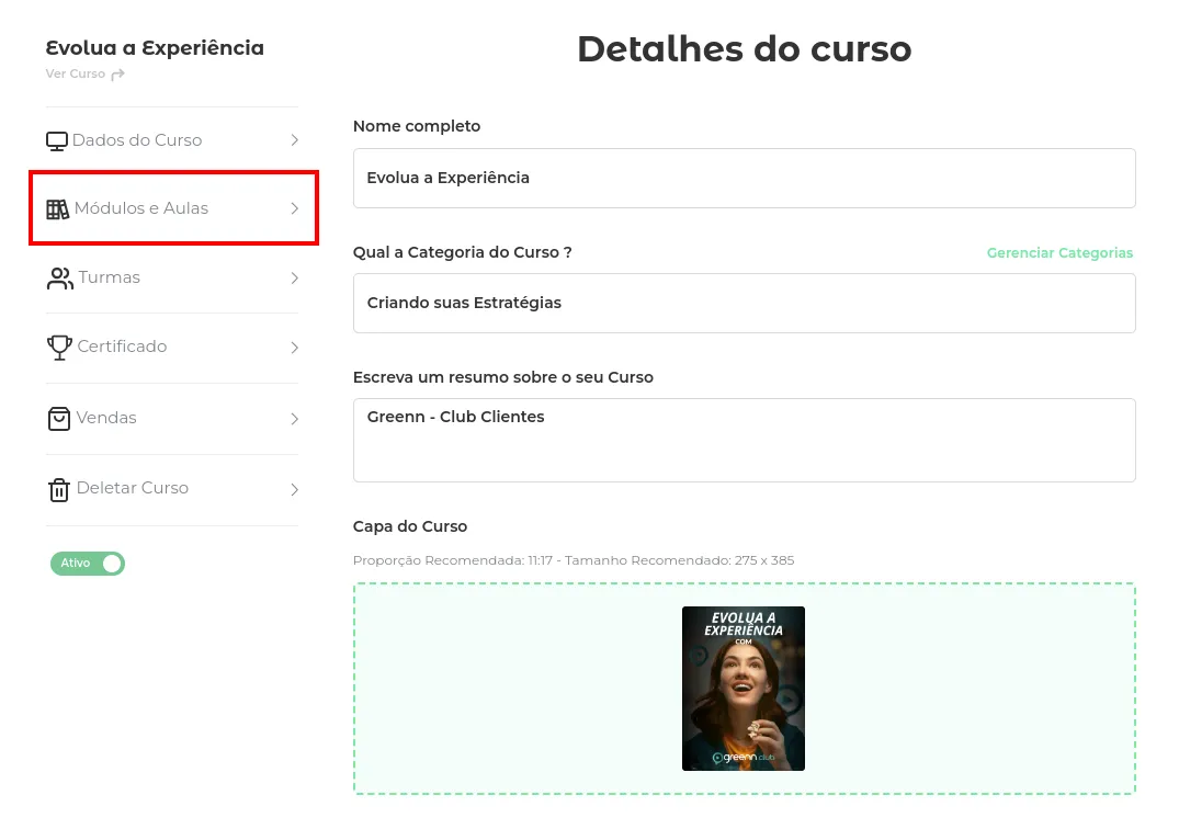 Menu do curso com Módulos e Aulas