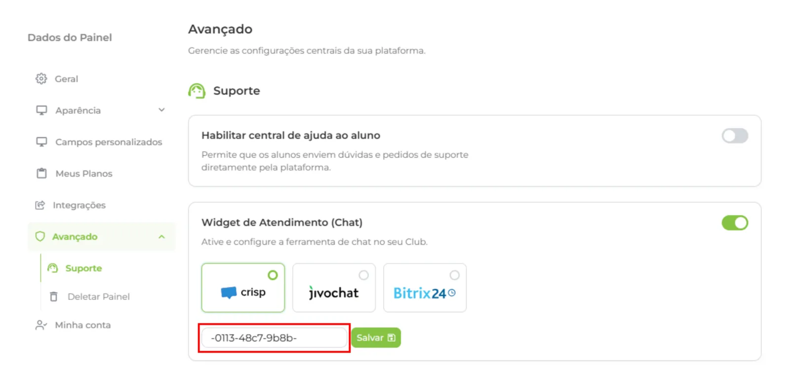 Widget de Atendimento com Crisp selecionado e o ID colado
