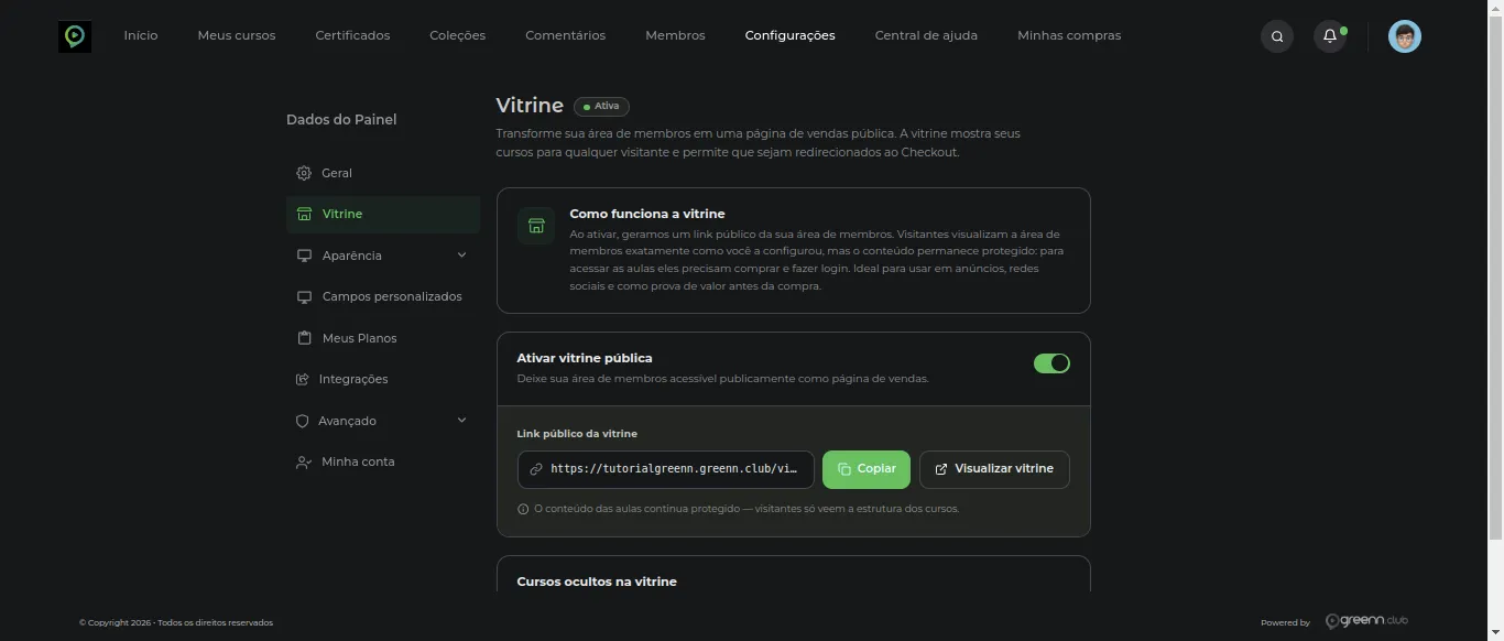 Link público da Vitrine com os botões Copiar e Visualizar vitrine