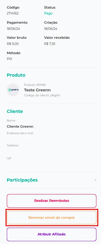 Detalhes da venda com a opção Reenviar e-mail de compra