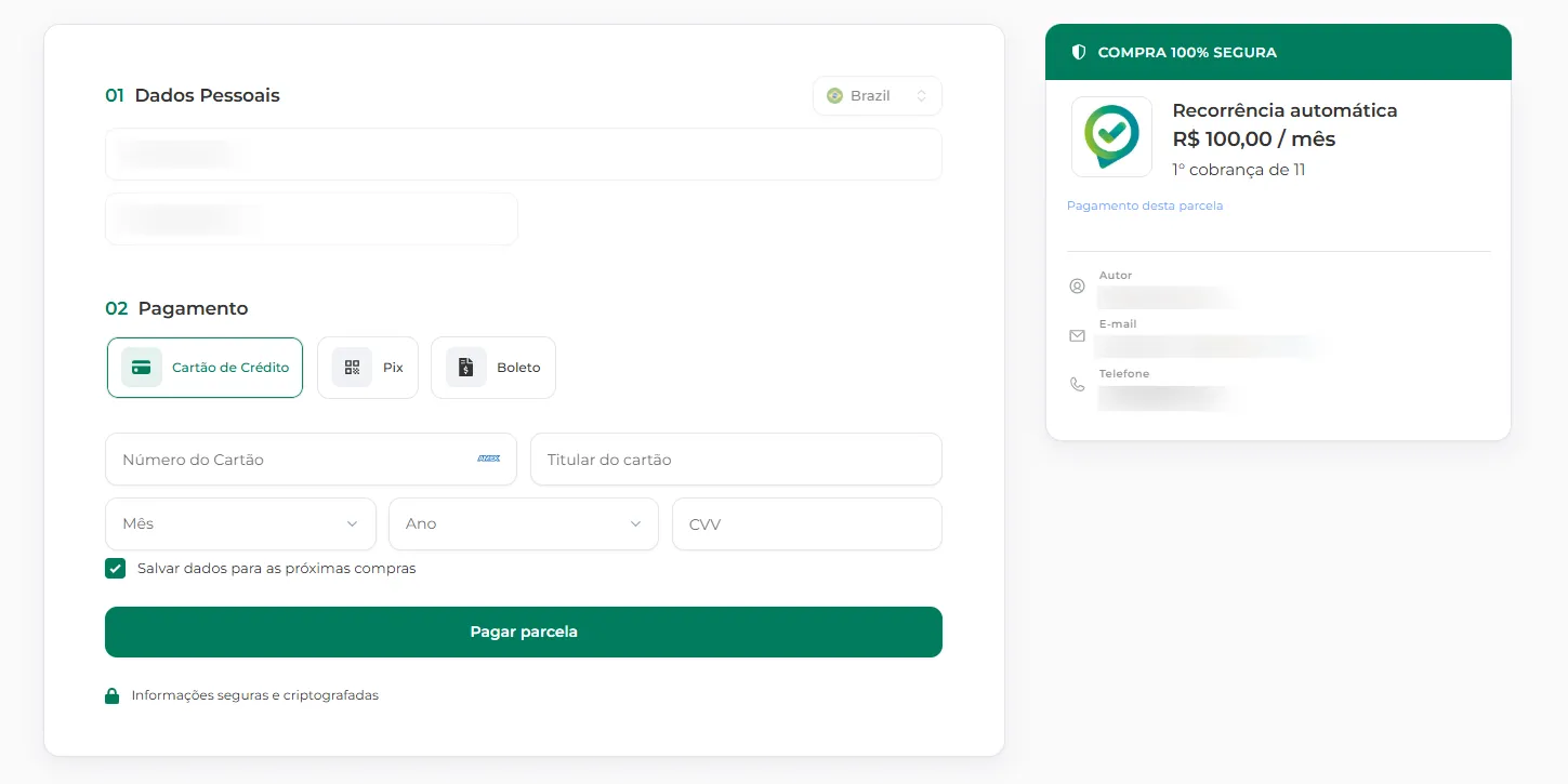 Página de pagamento da parcela em atraso com os dados do cliente preenchidos