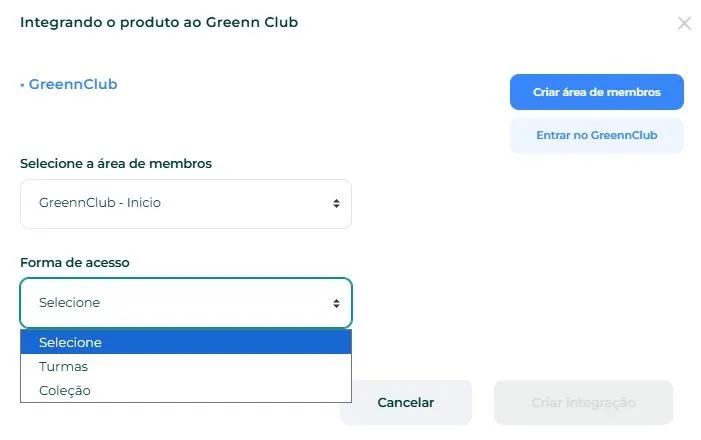 Seleção da área de membros e da forma de entrega