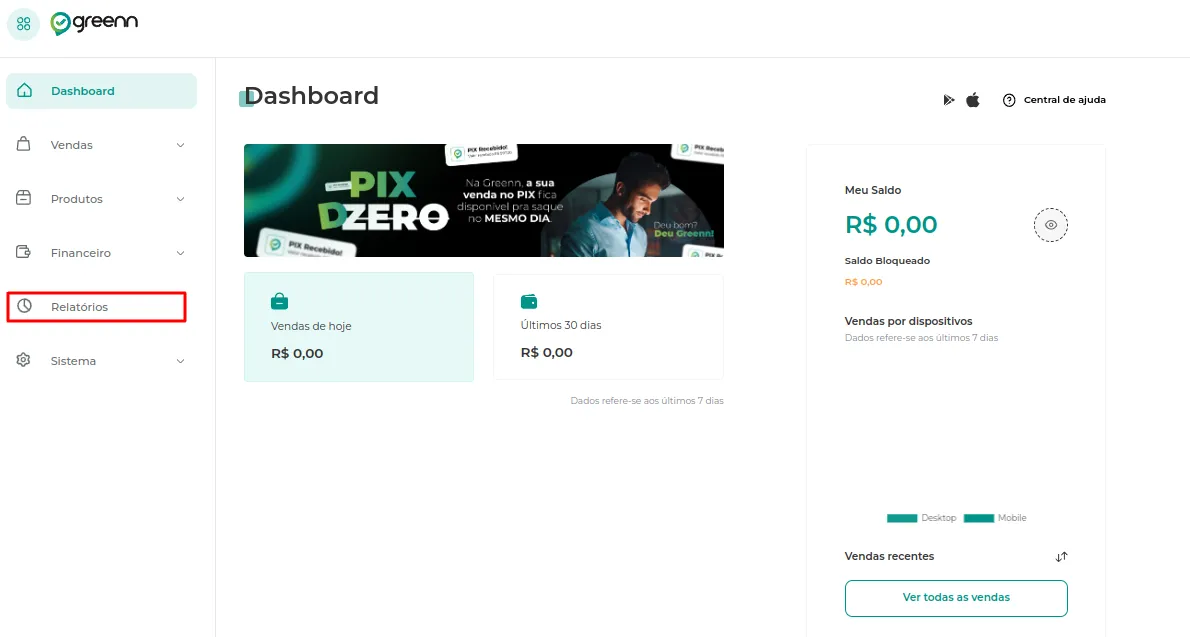 Menu à esquerda do dashboard com a aba Relatórios