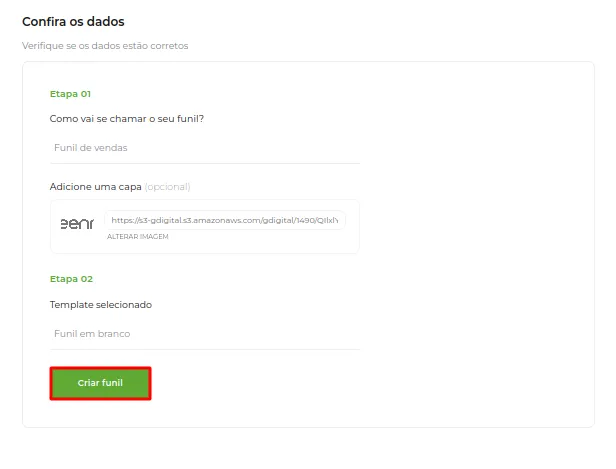 Tela do passo: Após adicionar os dados clique em Criar