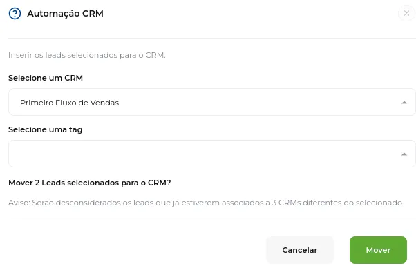 Tela do passo: Nesse local selecione o CRM que o cliente será adicionado