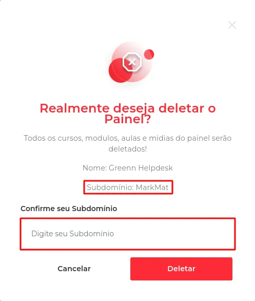 Janela de confirmação com o subdomínio