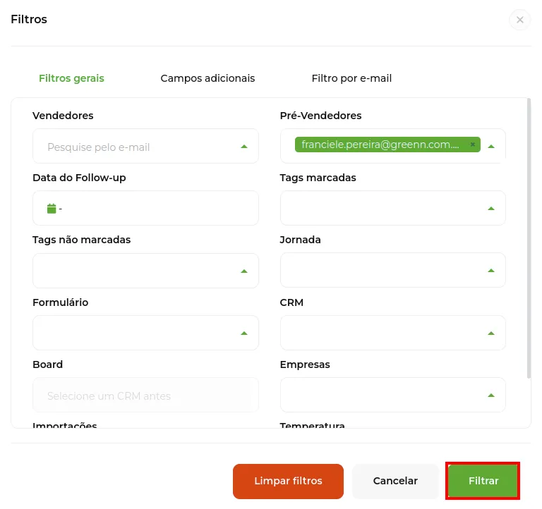 Botão Filtrar com o pré-vendedor selecionado