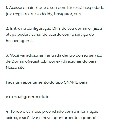Tela com as instruções de apontamento do domínio