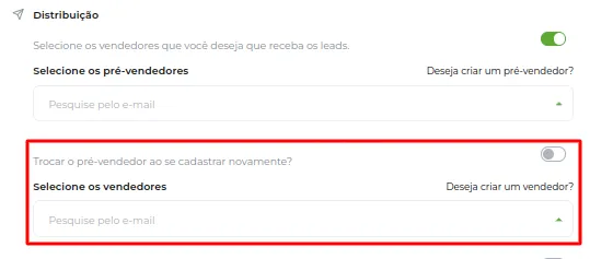 Tela do passo: Distribuição: Selecione os vendedores que você deseja que receba os leads