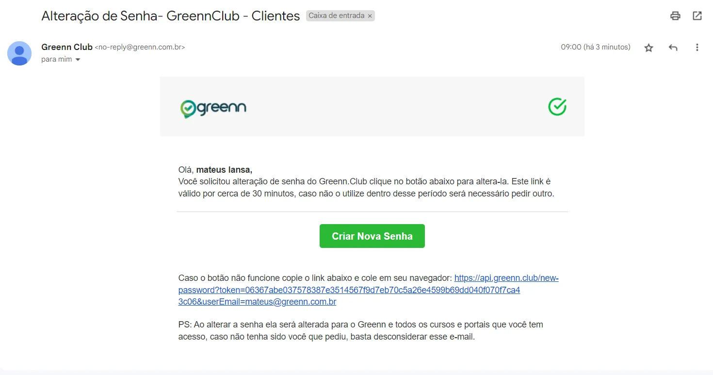 E-mail de acesso recebido pelo cliente
