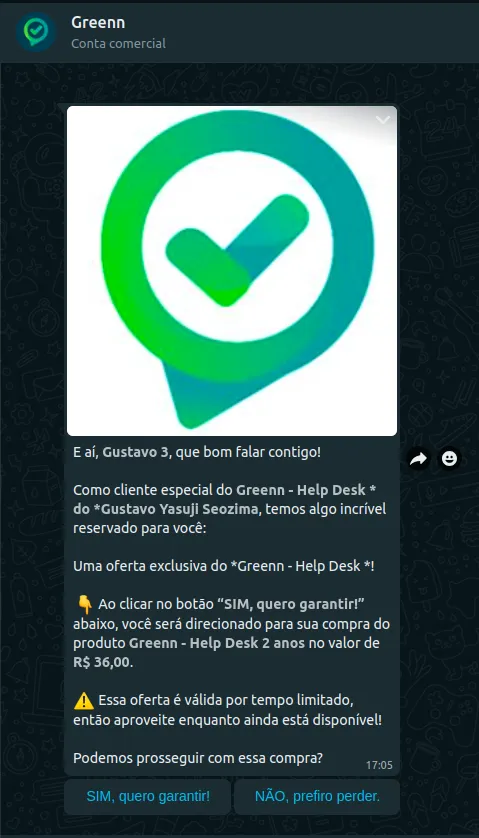 Mensagem de sugestão de compra enviada ao cliente