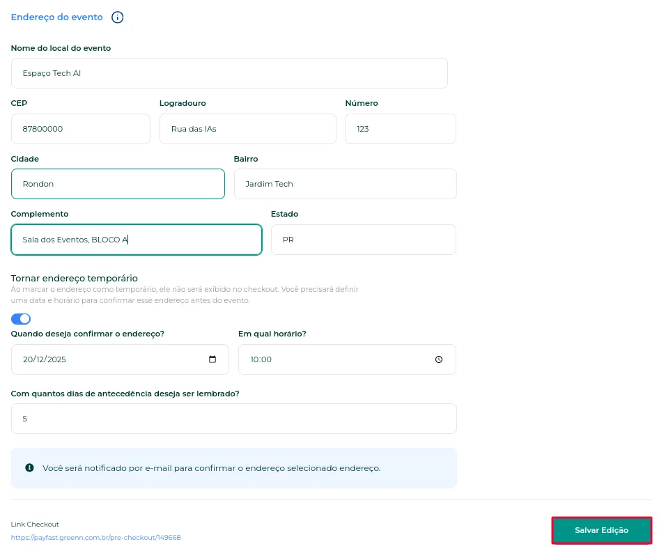 Evento salvo com as informações configuradas