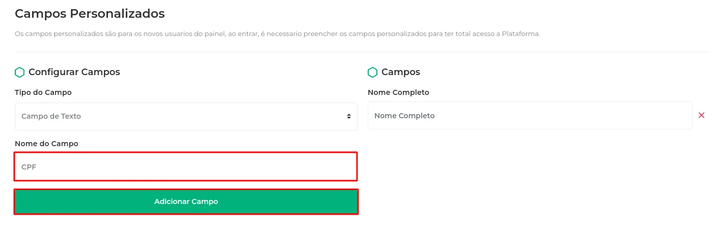 Campo CPF sendo adicionado