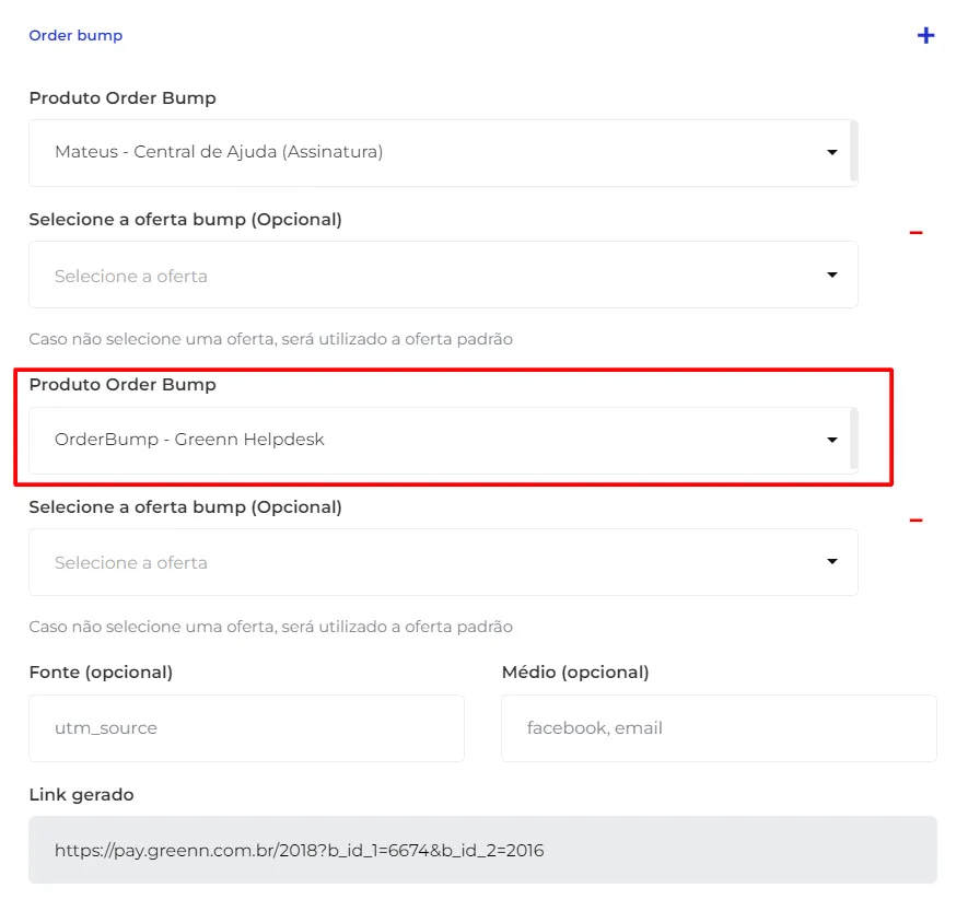 Segundo order bump adicionado ao link