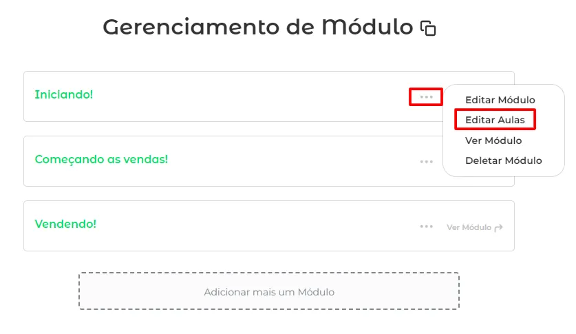 Módulo com o botão Editar Aula