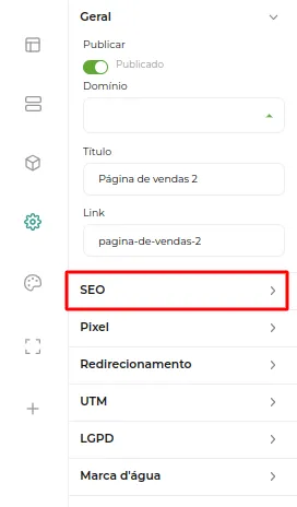 Tela do passo: Agora clique na Engrenagem de configurações e depois em SEO