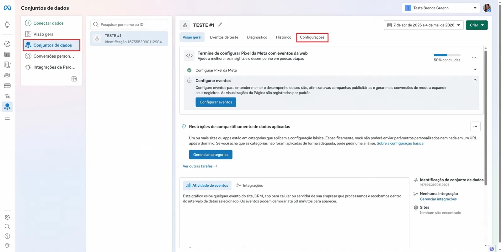 Aba Configurações da fonte de dados no Gerenciador de Eventos