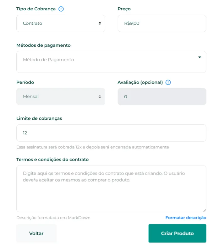 Configurações do contrato: método de pagamento, período, limite de cobrança e termos