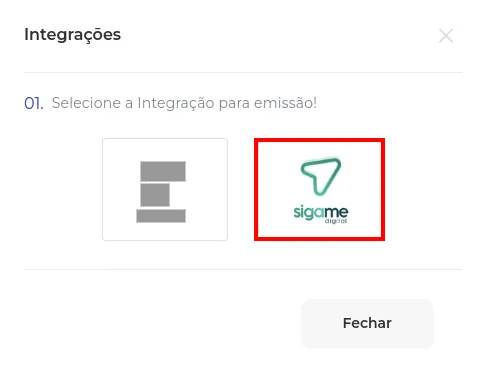Seleção da integração Sigame