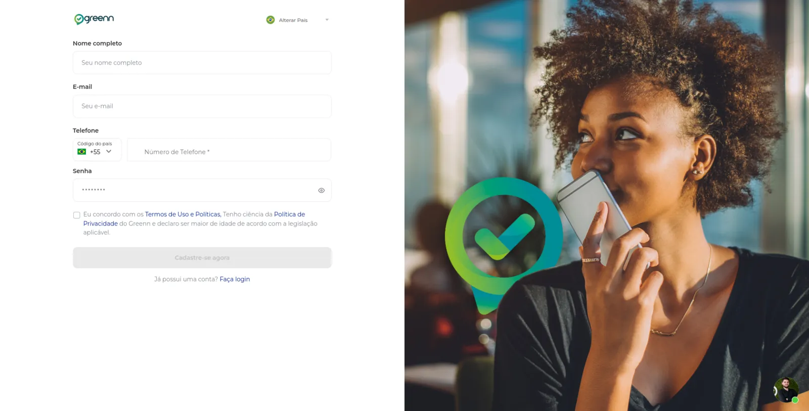 Formulário de cadastro com nome, e-mail, telefone e senha