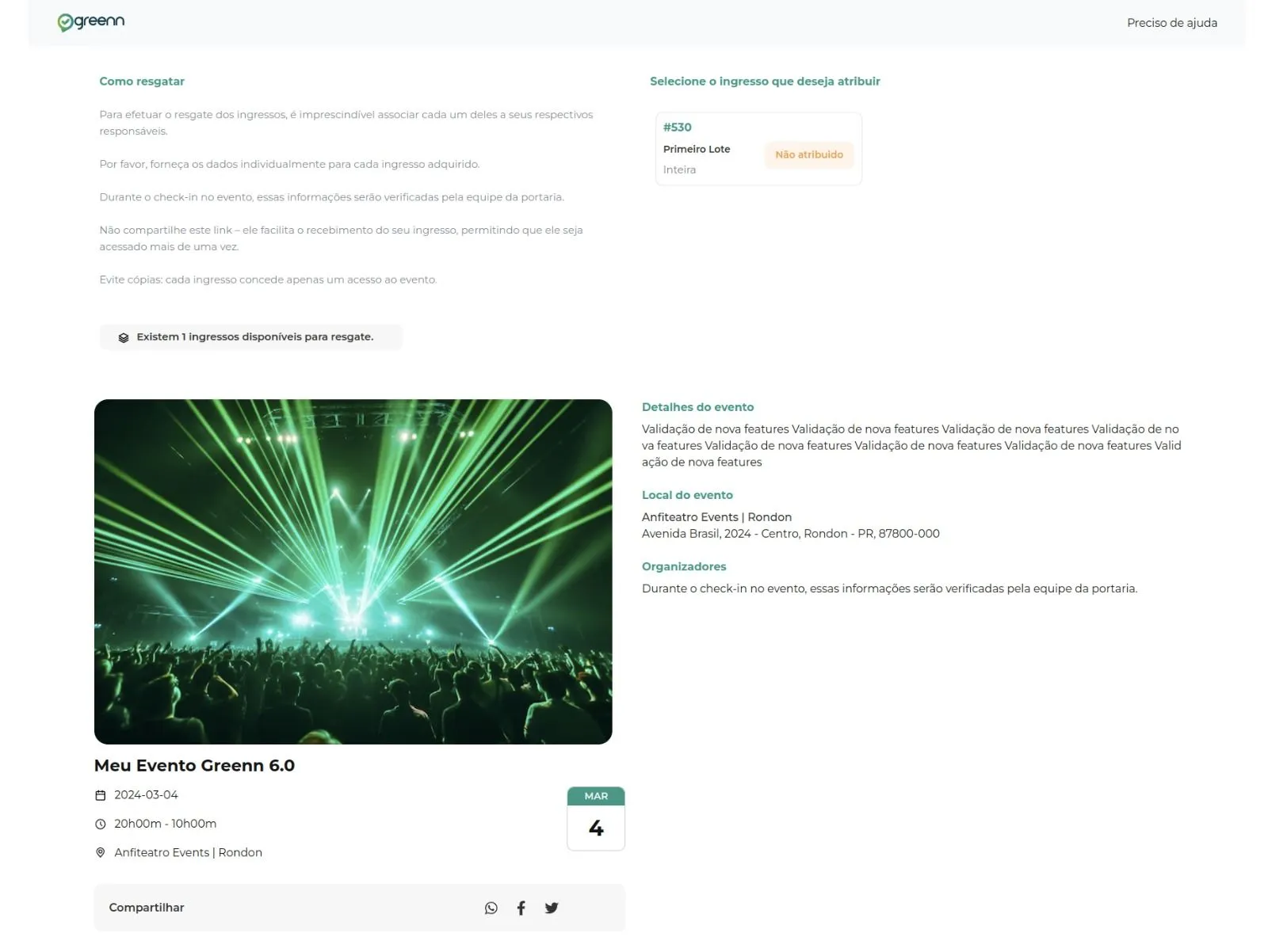 Tela com as informações do evento