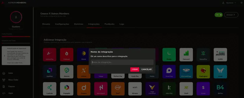 Gravação definindo o nome da integração